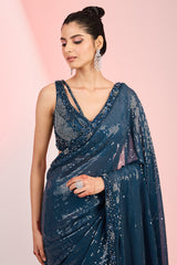 Dark Blue Georgette Sequins & Cutdana Hand Embroidered Saree