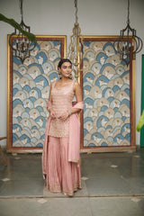 Peachy Pink tissue gharara with a honeybee jaal & sequin embellishments.