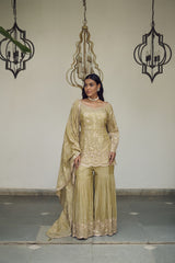A sea green floral jaal adorned with delicate sequin embellishments.