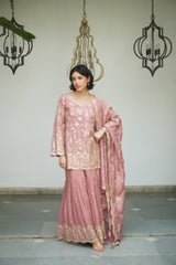 Lavender floral jaal gharara adorned with delicate sequin embellishments.