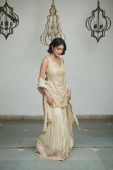 A Yellow tissue with sequin, bead, resham & moti nature inspired embellishments.