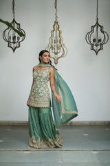 Sage green tissue with sequin, bead, resham & moti nature inspired embellishments.