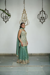 Sage green tissue with sequin, bead, resham & moti nature inspired embellishments.