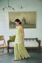 Sage green tissue V-neck Embroidered Kurta Gharara Set