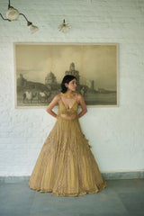 Gold Net Scoop Neck Geometric Embroidered Lehenga Set