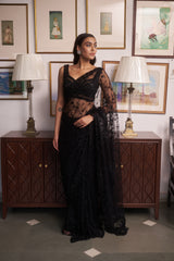 Black Net V-neck Embellished Floral Saree And Choli Set