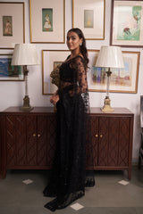 Black Net V-neck Embellished Floral Saree And Choli Set