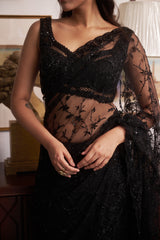 Black Net V-neck Embellished Floral Saree And Choli Set
