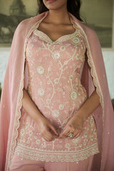 Pink Sweetheart Neck Floral Embroidered Kurta Gharara Set