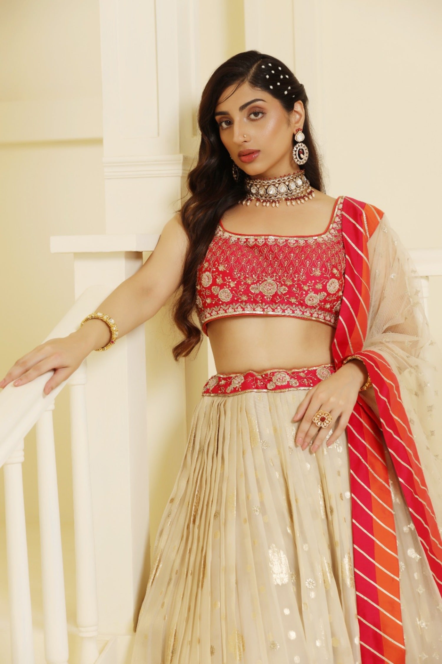 Magenta and orange embroided Tissue lehenga