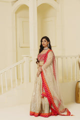 Magenta and orange embroided Tissue lehenga